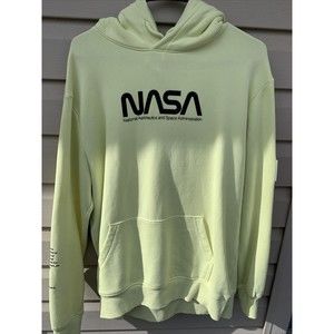 NASA Sweatshirt Mens Pale Neon Yellow H&M Divided Space Launch Back Logo Size L